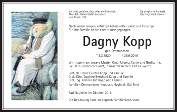 Traueranzeige von Dagny Kopp von Wetterauer Zeitung, Wetterauer Zeitung