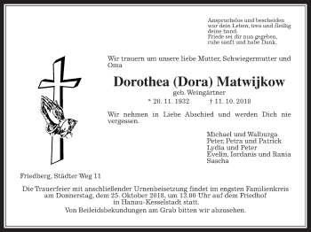 Traueranzeige von Dorothea Matwijkow von Wetterauer Zeitung, Wetterauer Zeitung