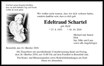 Traueranzeige von Edeltraud Schartel von Alsfelder Allgemeine