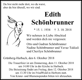 Traueranzeige von Edith Schönbrunner von Giessener Allgemeine, Alsfelder Allgemeine