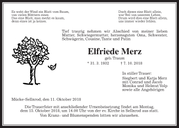 Traueranzeige von Elfriede Merz von Giessener Allgemeine, Alsfelder Allgemeine, Mücker Stimme