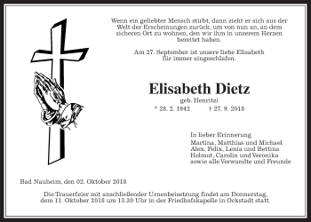 Traueranzeige von Elisabeth Dietz von Wetterauer Zeitung, Wetterauer Zeitung