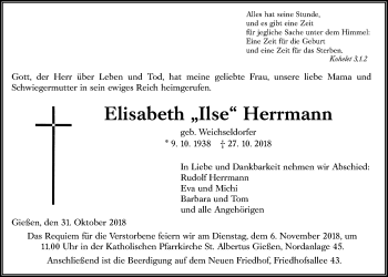 Traueranzeige von Elisabeth Herrmann von Giessener Allgemeine, Alsfelder Allgemeine