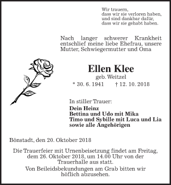 Traueranzeige von Ellen Klee von Wetterauer Zeitung, Wetterauer Zeitung
