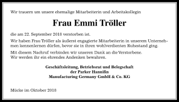 Traueranzeige von Emmi Tröller von Alsfelder Allgemeine