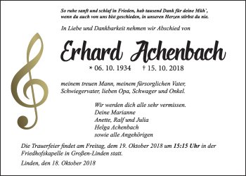 Traueranzeige von Erhard Achenbach von Giessener Allgemeine, Alsfelder Allgemeine