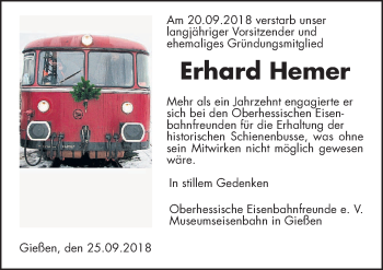 Traueranzeige von Erhard Hemer von Giessener Allgemeine, Alsfelder Allgemeine, Wetterauer Zeitung, Wetterauer Zeitung