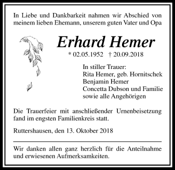 Traueranzeige von Erhard Hemer von Giessener Allgemeine, Alsfelder Allgemeine
