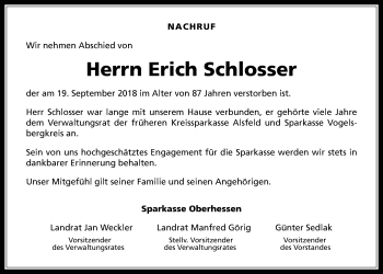 Traueranzeige von Erich Schlosser von Alsfelder Allgemeine