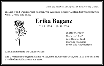 Traueranzeige von Erika Baganz von Licher Wochenblatt, Licher Wochenblatt, Licher Wochenblatt