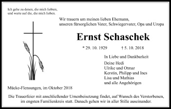 Traueranzeige von Ernst Schaschek von Giessener Allgemeine, Alsfelder Allgemeine, Mücker Stimme