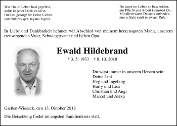 Traueranzeige von Ewald Hildebrand von Giessener Allgemeine, Alsfelder Allgemeine