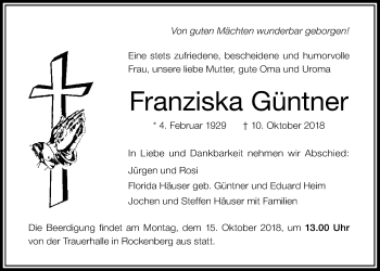 Traueranzeige von Franziska Güntner von Wetterauer Zeitung, Wetterauer Zeitung