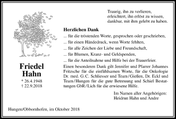Traueranzeige von Friedel Hahn von Licher Wochenblatt, Licher Wochenblatt, Licher Wochenblatt
