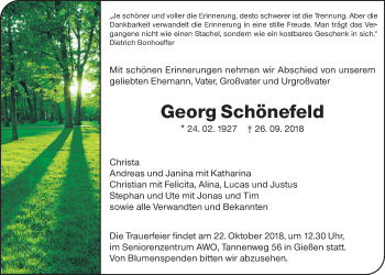 Traueranzeige von Georg Schönefeld von Giessener Allgemeine, Alsfelder Allgemeine