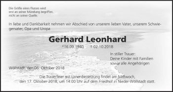Traueranzeige von Gerhard Leonhard von Wetterauer Zeitung, Wetterauer Zeitung
