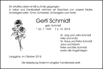 Traueranzeige von Gerti Schmidt von Giessener Allgemeine, Alsfelder Allgemeine