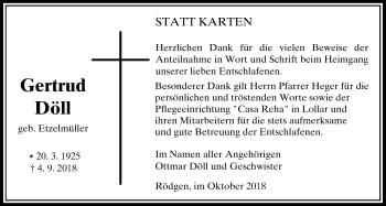 Traueranzeige von Gertrud Döll von Giessener Allgemeine, Alsfelder Allgemeine