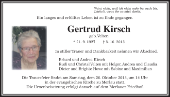 Traueranzeige von Gertrud Kirsch von Giessener Allgemeine, Alsfelder Allgemeine