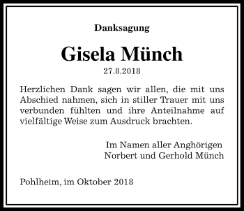 Traueranzeige von Gisela Münch von Licher Wochenblatt, Licher Wochenblatt, Licher Wochenblatt