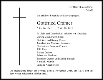 Traueranzeige von Gottfried Cramer von Giessener Allgemeine, Alsfelder Allgemeine
