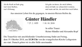 Traueranzeige von Günter Händler von Giessener Allgemeine, Alsfelder Allgemeine