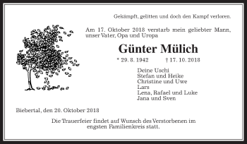 Traueranzeige von Günter Mülich von Giessener Allgemeine, Alsfelder Allgemeine