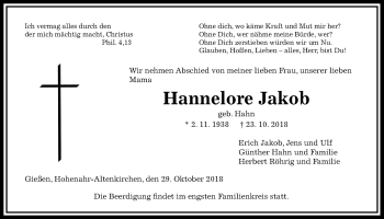 Traueranzeige von Hannelore Jakob von Giessener Allgemeine, Alsfelder Allgemeine