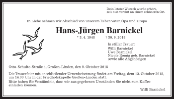 Traueranzeige von Hans-Jürgen Barnickel von Giessener Allgemeine, Alsfelder Allgemeine