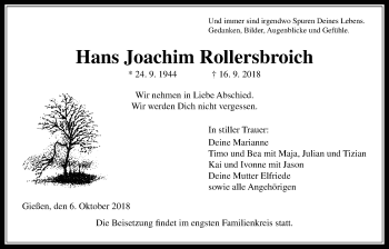 Traueranzeige von Hans Joachim Rollersbroich von Giessener Allgemeine, Alsfelder Allgemeine