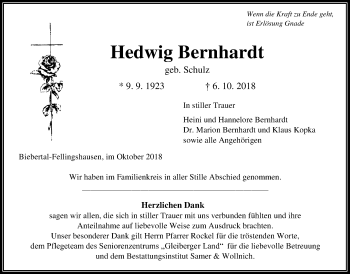 Traueranzeige von Hedwig Bernhardt von Giessener Allgemeine, Alsfelder Allgemeine