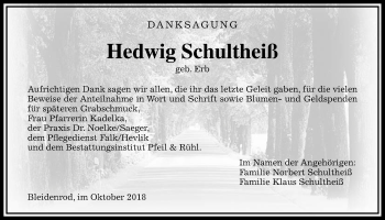 Traueranzeige von Hedwig Schultheiß von Alsfelder Allgemeine