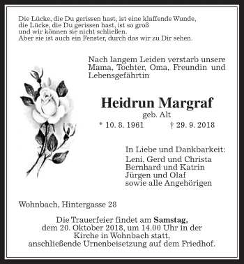 Traueranzeige von Heidrun Margraf von Wetterauer Zeitung, Wetterauer Zeitung