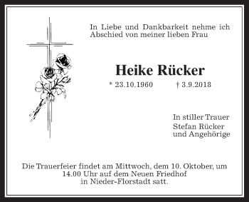Traueranzeige von Heike Rücker von Wetterauer Zeitung, Wetterauer Zeitung