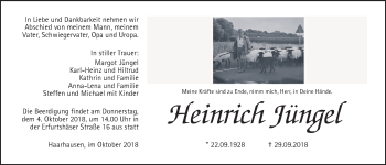 Traueranzeige von Heinrich Jüngel von Alsfelder Allgemeine