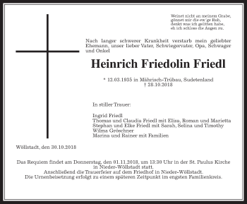 Traueranzeige von Heinrich Friedolin Friedl von Wetterauer Zeitung, Wetterauer Zeitung