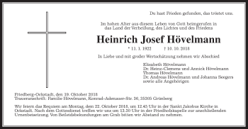 Traueranzeige von Heinrich Josef Hövelmann von Wetterauer Zeitung, Wetterauer Zeitung
