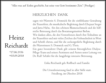 Traueranzeige von Heinz Reichardt von Wetterauer Zeitung, Wetterauer Zeitung