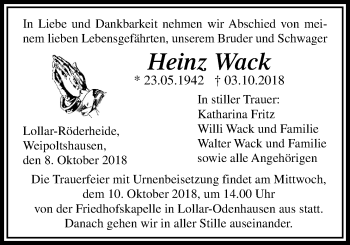 Traueranzeige von Heinz Wack von Giessener Allgemeine, Alsfelder Allgemeine