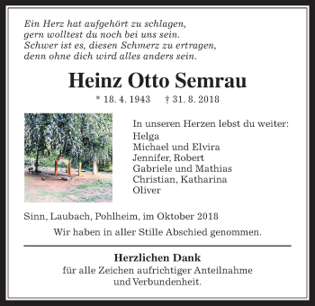 Traueranzeige von Heinz Otto Semrau von Giessener Allgemeine, Alsfelder Allgemeine