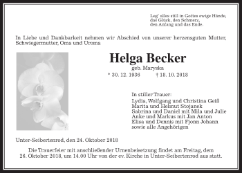 Traueranzeige von Helga Becker von Giessener Allgemeine, Alsfelder Allgemeine