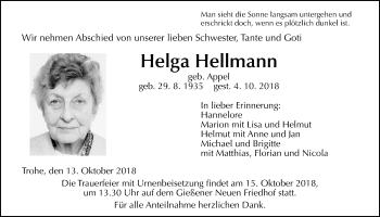 Traueranzeige von Helga Hellmann von Giessener Allgemeine, Alsfelder Allgemeine