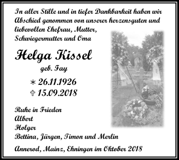 Traueranzeige von Helga Kissel von Giessener Allgemeine, Alsfelder Allgemeine