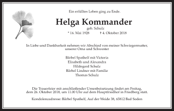Traueranzeige von Helga Kommander von Wetterauer Zeitung, Wetterauer Zeitung