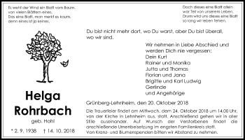 Traueranzeige von Helga Rohrbach von Giessener Allgemeine, Alsfelder Allgemeine