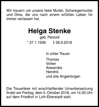 Traueranzeige von Helga Stenke von Licher Wochenblatt, Licher Wochenblatt, Licher Wochenblatt