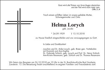 Traueranzeige von Helma Lorych von Wetterauer Zeitung, Wetterauer Zeitung