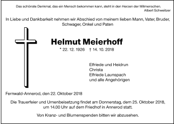 Traueranzeige von Helmut Meierhoff von Giessener Allgemeine, Alsfelder Allgemeine