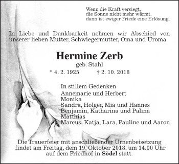 Traueranzeige von Hermine Zerb von Wetterauer Zeitung, Wetterauer Zeitung