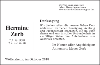 Traueranzeige von Hermine Zerb von Wetterauer Zeitung, Wetterauer Zeitung